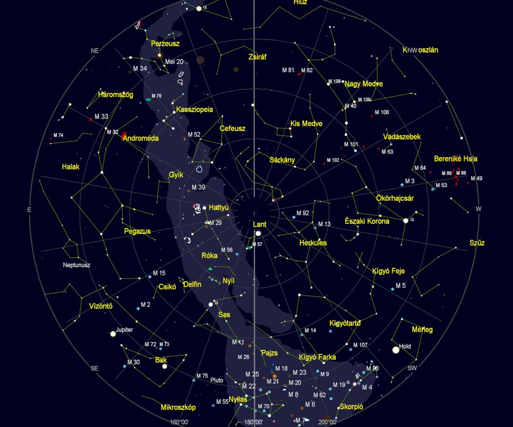 VCSE – Az égbolt látványa Zalaegerszegről nézve 2021. augusztus 20-án este 22 órakor. (Az égtájak rövidítése: N: észak, NE: északkelet, E: kelet, SE: délkelet, S: dél, SW: délnyugat, W: nyugat, NW: északnyugat.) A világoskék sáv a Tejút sávja. A koncentrikus körök húsz fokonként (20°, 40°, 60° és 80°) a horizont feletti magasságok, a sugarasan kiágazó vonalak az azimutok 20 fokonként. – A kép a Cartes du Ciel programmal készült.
