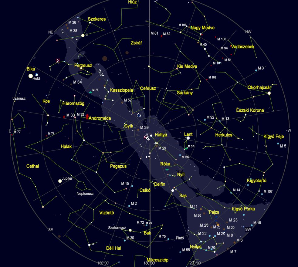 VCSE – Az égbolt látványa Zalaegerszegről nézve 2022. szeptember 15-én este 22 órakor. (Az égtájak rövidítése: N: észak, NE: északkelet, E: kelet, SE: délkelet, S: dél, SW: délnyugat, W: nyugat, NW: északnyugat.) A világoskék sáv a Tejút sávja. A koncentrikus körök húsz fokonként (20°, 40°, 60° és 80°) a horizont feletti magasságok, a sugarasan kiágazó vonalak az azimutok 20 fokonként. – A kép a Cartes du Ciel programmal készült.