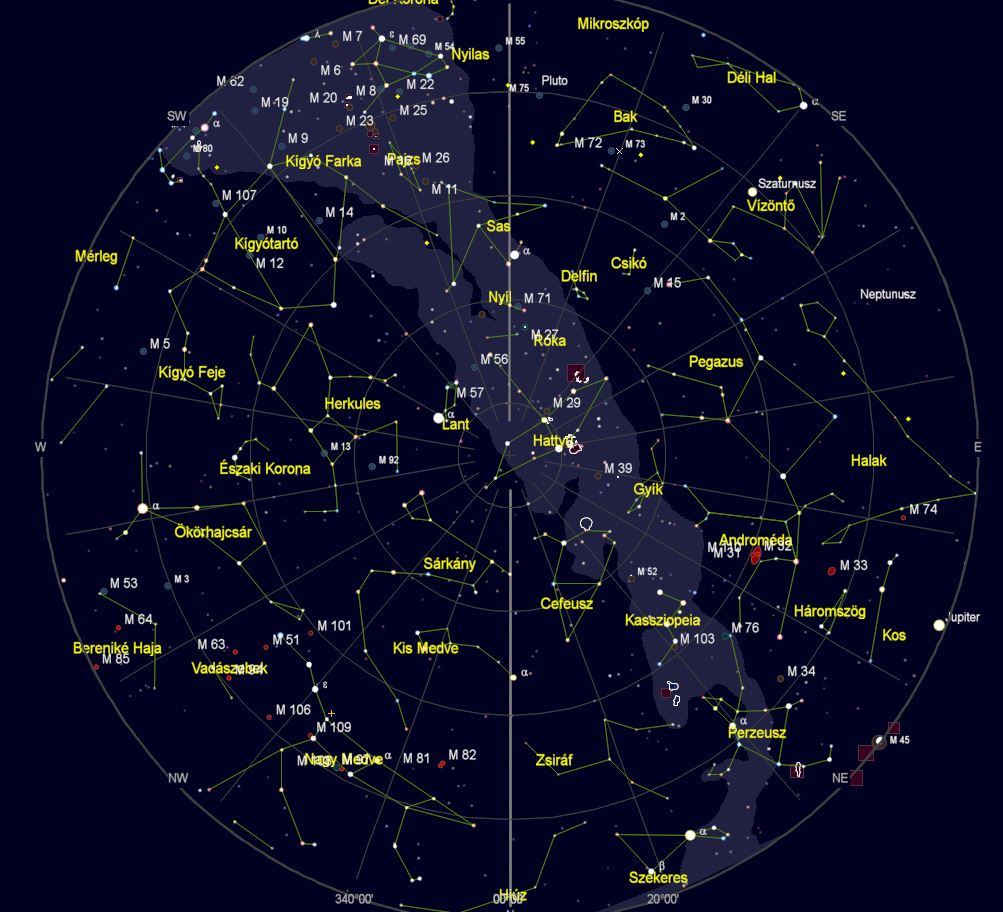 VCSE – Az égbolt látványa Zalaegerszegről nézve 2023.augusztus 15-én este 23 órakor. (Az égtájak rövidítése: N: észak, NE: északkelet, E: kelet, SE: délkelet, S: dél, SW: délnyugat, W: nyugat, NW: északnyugat.) A világoskék sáv a Tejút sávja. A koncentrikus körök húsz fokonként (20°, 40°, 60° és 80°) a horizont feletti magasságok, a sugarasan kiágazó vonalak az azimutok 20 fokonként. – A kép a Cartes du Ciel programmal készült.