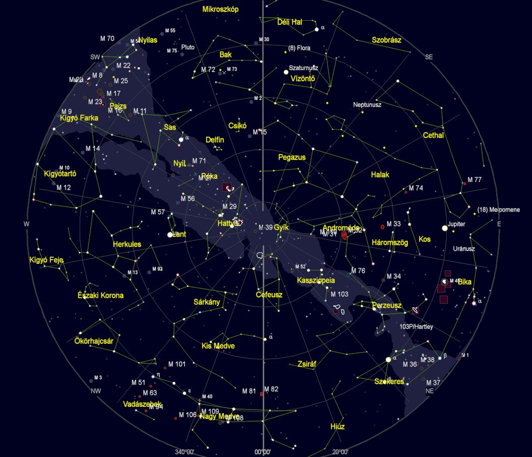 VCSE – Az égbolt látványa Zalaegerszegről nézve 2023. szeptember 15-én este 23 órakor. (Az égtájak rövidítése: N: észak, NE: északkelet, E: kelet, SE: délkelet, S: dél, SW: délnyugat, W: nyugat, NW: északnyugat.) A világoskék sáv a Tejút sávja. A koncentrikus körök húsz fokonként (20°, 40°, 60° és 80°) a horizont feletti magasságok, a sugarasan kiágazó vonalak az azimutok 20 fokonként. – A kép a Cartes du Ciel programmal készült.